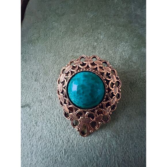 Signed Lieba Vintage Faux Turquoise Shoe Clip Brooch Gold Filigree 1970s - Picture 3 of 6